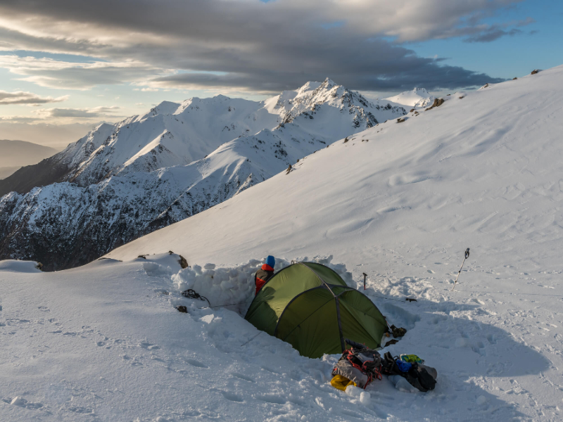 A camp is set up on the snow 