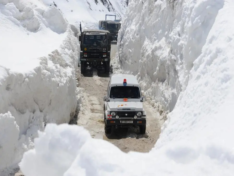 Snow surrounded Zojila road.